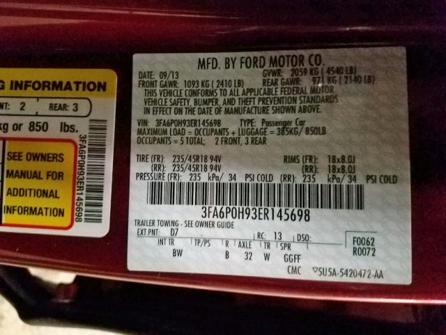 3FA6P0H93ER145698 - 2014 FORD FUSION SE BURGUNDY photo 10