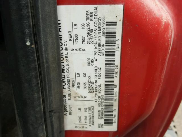 3FRNX65F15V173643 - 2005 FORD F650 SUPER RED photo 10