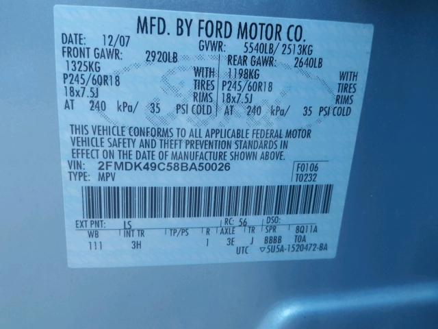 2FMDK49C58BA50026 - 2008 FORD EDGE LIMIT BLUE photo 10