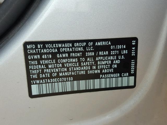 1VWAS7A30EC070133 - 2014 VOLKSWAGEN PASSAT S SILVER photo 10