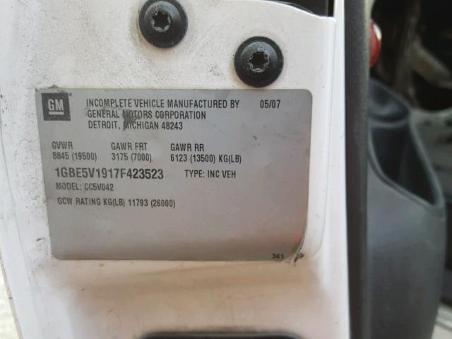 1GBE5V1917F423523 - 2007 CHEVROLET C5500 C5V0 WHITE photo 10