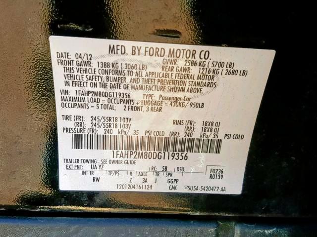 1FAHP2M80DG119356 - 2013 FORD TAURUS POL BLACK photo 10