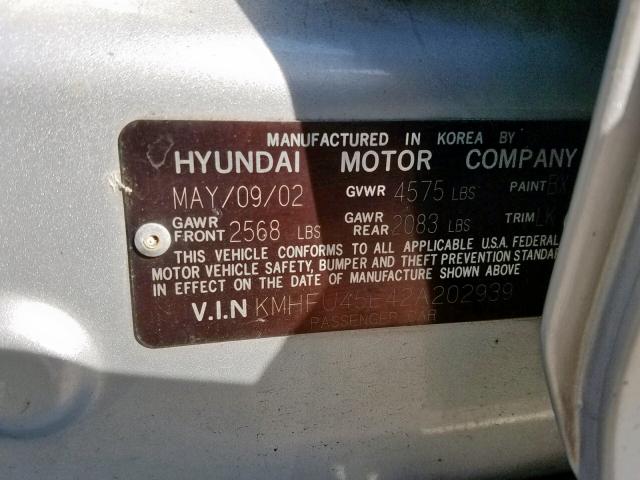 KMHFU45E42A202939 - 2002 HYUNDAI XG 350 SILVER photo 10