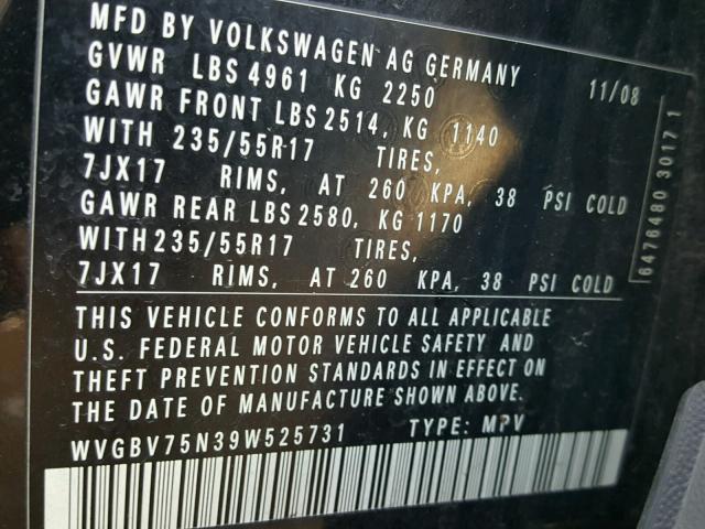 WVGBV75N39W525731 - 2009 VOLKSWAGEN TIGUAN SE BLACK photo 10