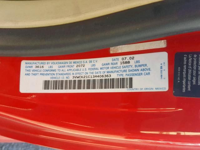 3VWCK21C13M406363 - 2003 VOLKSWAGEN NEW BEETLE წითელი ფოტო 10