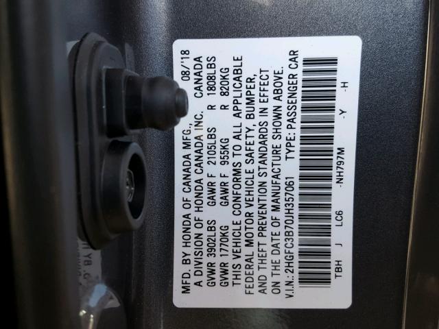 2HGFC3B70JH357061 - 2018 HONDA CIVIC EXL GRAY photo 10