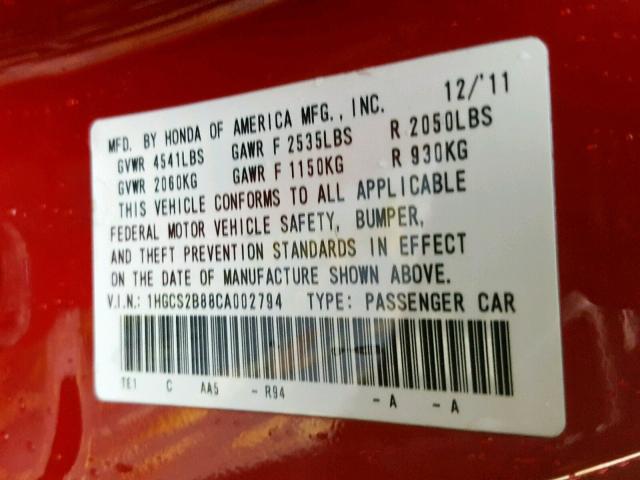 1HGCS2B88CA002794 - 2012 HONDA ACCORD EXL RED photo 10