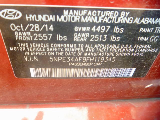 5NPE34AF9FH119345 - 2015 HYUNDAI SONATA SPO RED photo 10