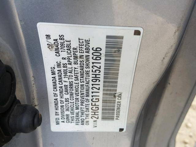 2HGFG11219H521606 - 2009 HONDA CIVIC DX SILVER photo 10