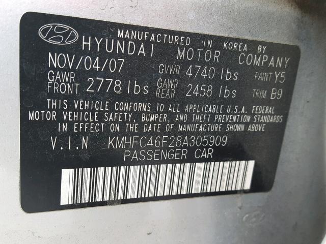 KMHFC46F28A305909 - 2008 HYUNDAI AZERA SE SILVER photo 10