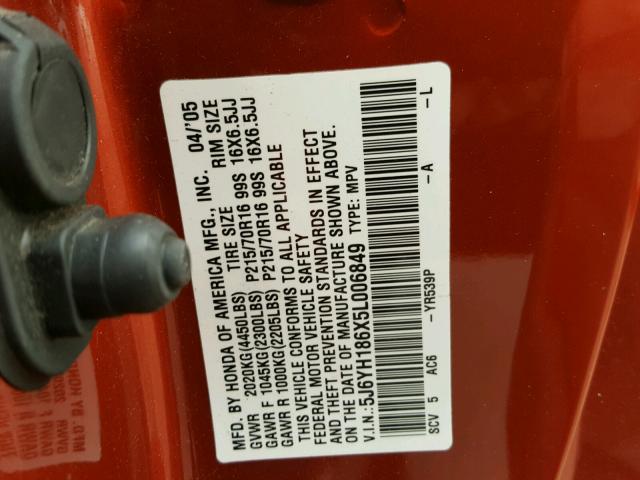 5J6YH186X5L006849 - 2005 HONDA ELEMENT EX ORANGE photo 10