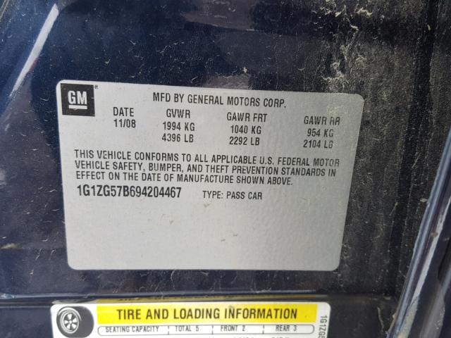 1G1ZG57B694204467 - 2009 CHEVROLET MALIBU LS 蓝色 照片 10