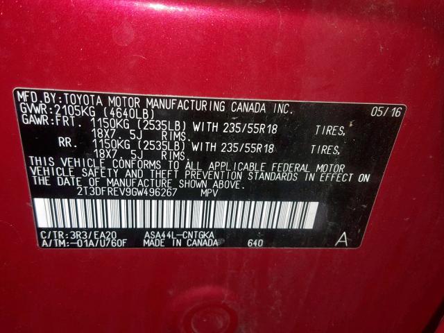 2T3DFREV9GW496267 - 2016 TOYOTA RAV4 LIMIT RED photo 10