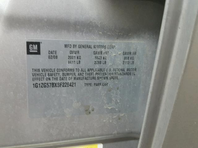 1G1ZG57BX8F228421 - 2008 CHEVROLET MALIBU LS 银色 照片 10