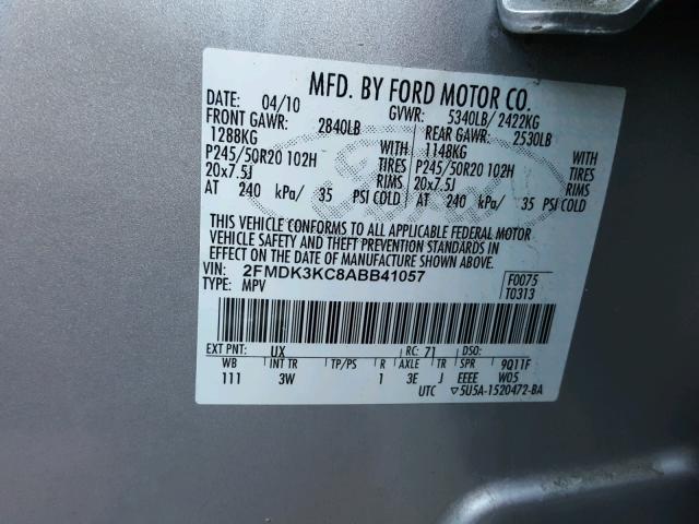 2FMDK3KC8ABB41057 - 2010 FORD EDGE LIMIT SILVER photo 10