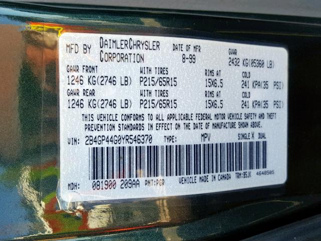 2B4GP44G0YR546370 - 2000 DODGE GRAND CARA GREEN photo 10