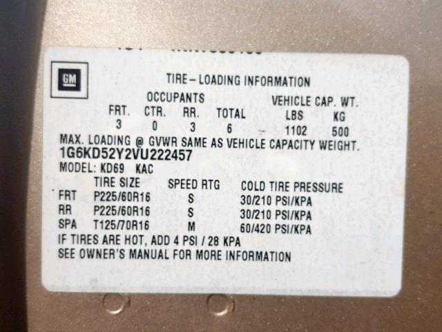 1G6KD52Y2VU222457 - 1997 CADILLAC DEVILLE GOLD photo 10