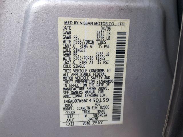 1N6AD07W66C450159 - 2006 NISSAN FRONTIER C GRAY photo 10