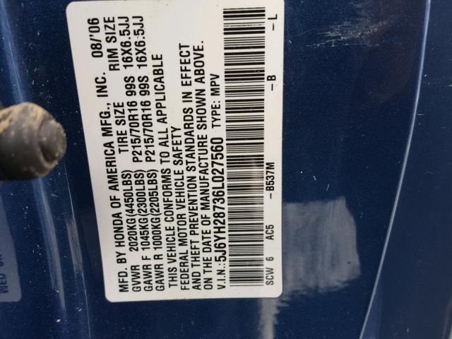 5J6YH28736L027560 - 2006 HONDA ELEMENT EX BLUE photo 10