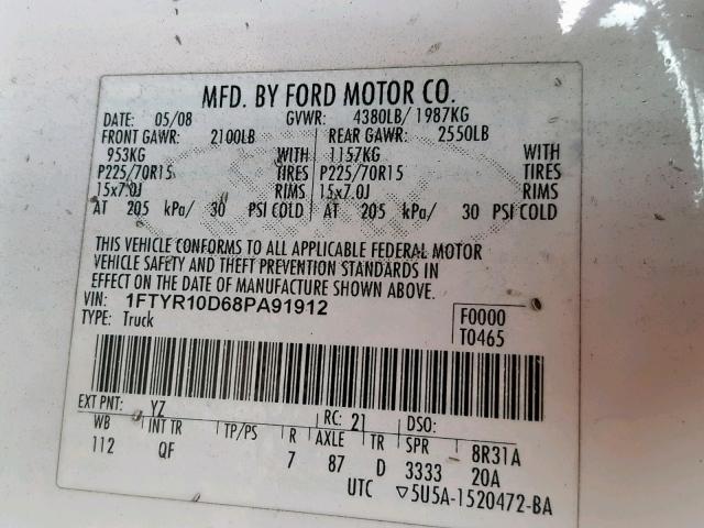 1FTYR10D68PA91912 - 2008 FORD RANGER WHITE photo 10