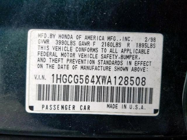 1HGCG564XWA128508 - 1998 HONDA ACCORD LX GREEN photo 10