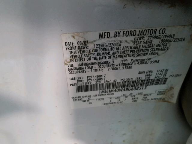 1MEHM40W48G608513 - 2008 MERCURY SABLE LUXU WHITE photo 10