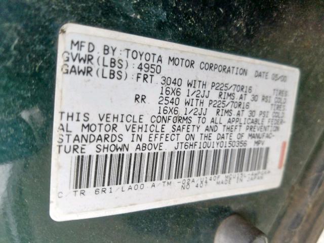 JT6HF10U1Y0150356 - 2000 LEXUS RX 300 GREEN photo 10