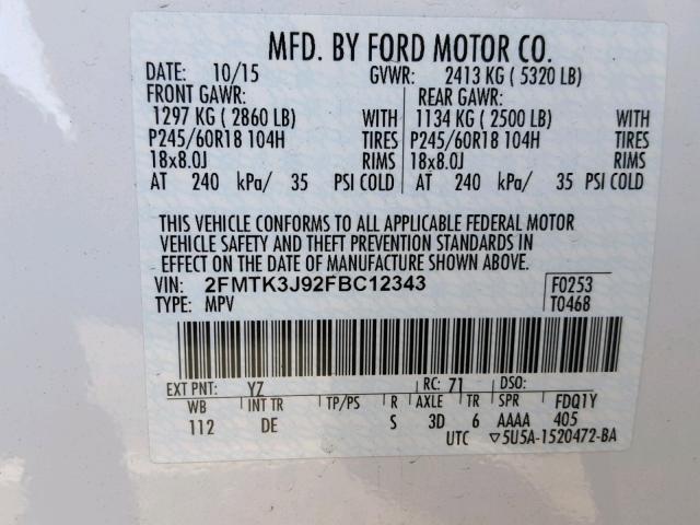 2FMTK3J92FBC12343 - 2015 FORD EDGE SEL WHITE photo 10