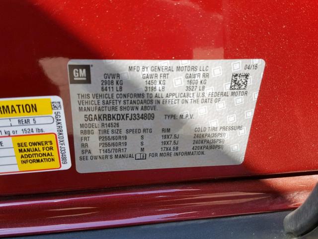 5GAKRBKDXFJ334809 - 2015 BUICK ENCLAVE RED photo 10