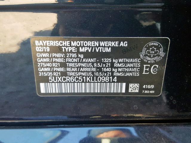 5UXCR6C51KLL09814 - 2019 BMW X5 XDRIVE4 BLUE photo 10