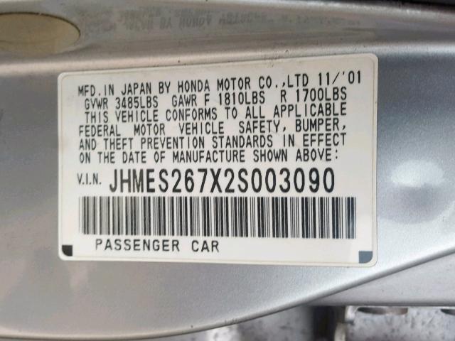 JHMES267X2S003090 - 2002 HONDA CIVIC EX SILVER photo 10