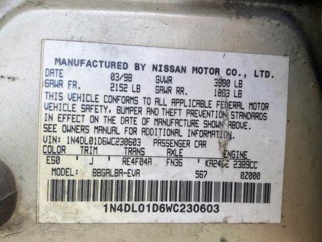 1N4DL01D6WC230603 - 1998 NISSAN ALTIMA XE GREEN photo 10