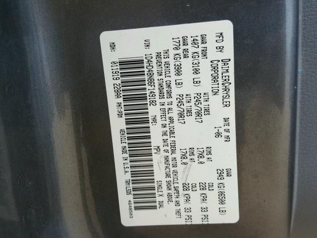 1D4HD48N86F149182 - 2006 DODGE DURANGO SL GRAY photo 10