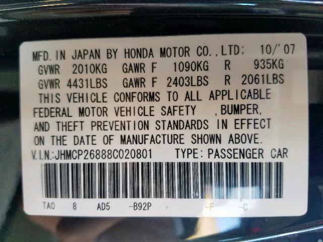 JHMCP26888C020801 - 2008 HONDA ACCORD EXL BLACK photo 10