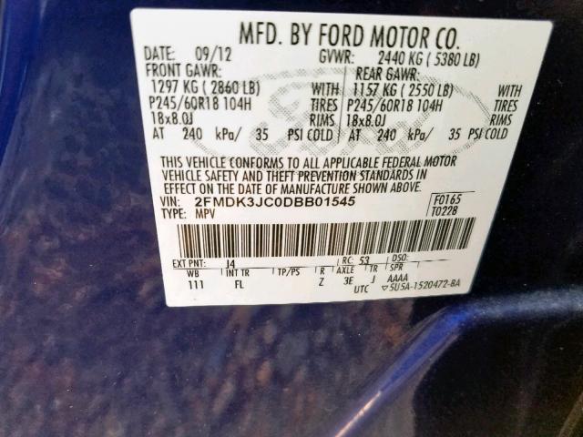 2FMDK3JC0DBB01545 - 2013 FORD EDGE SEL BLUE photo 10