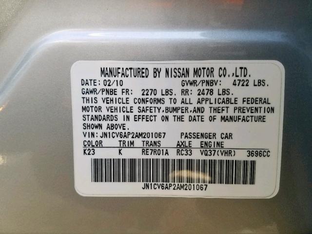 JN1CV6AP2AM201067 - 2010 INFINITI G37 BASE SILVER photo 10