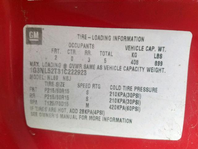 1G3NL52T31C222923 - 2001 OLDSMOBILE ALERO GL RED photo 10