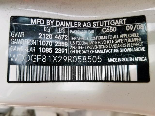 WDDGF81X29R058505 - 2009 MERCEDES-BENZ C300 4MATI WHITE photo 10