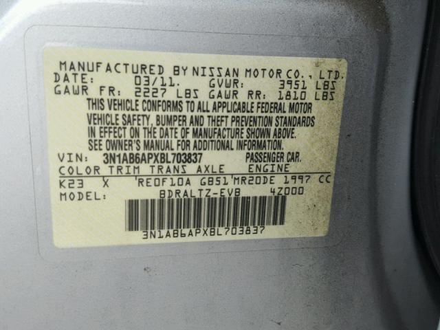 3N1AB6APXBL703837 - 2011 NISSAN SENTRA 2.0 GRAY photo 10