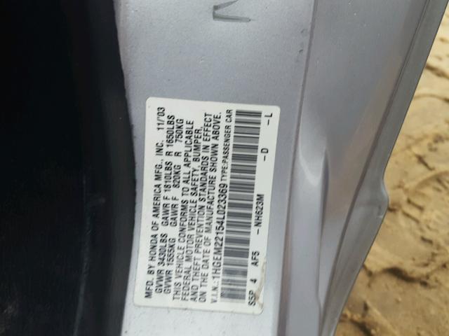 1HGEM22154L023369 - 2004 HONDA CIVIC DX V SILVER photo 10