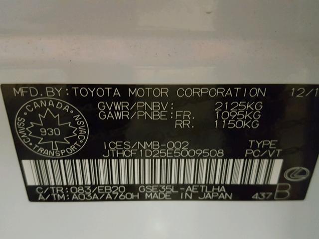 JTHCF1D25E5009508 - 2014 LEXUS IS 250 WHITE photo 10