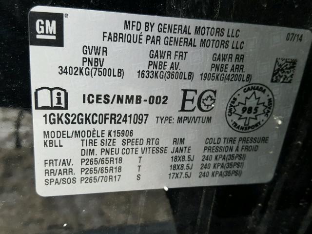 1GKS2GKC0FR241097 - 2015 GMC YUKON XL K BLACK photo 10