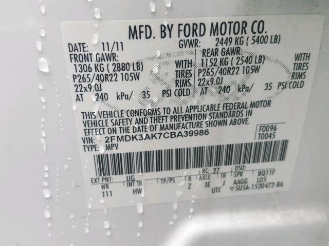 2FMDK3AK7CBA39986 - 2012 FORD EDGE SPORT WHITE photo 10