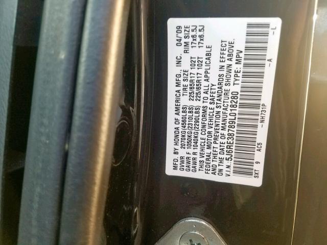 5J6RE38789L018280 - 2009 HONDA CR-V EXL GRAY photo 10