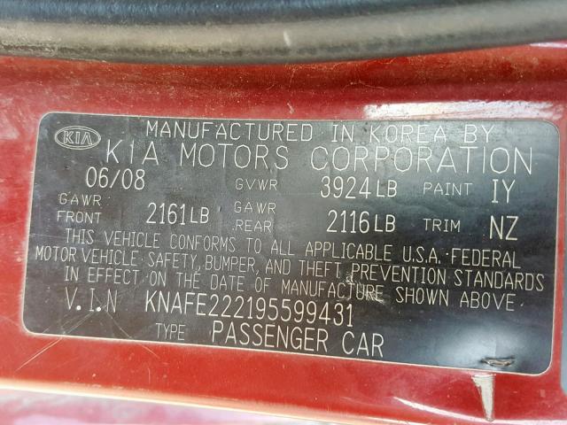 KNAFE222195599431 - 2009 KIA SPECTRA EX RED photo 10