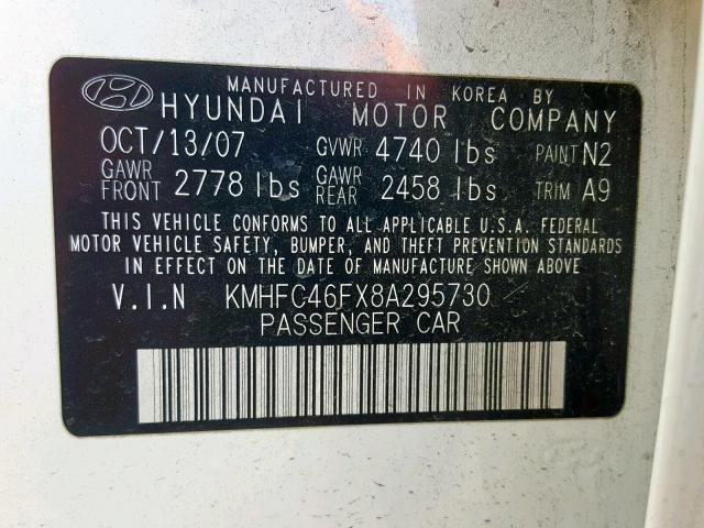 KMHFC46FX8A295730 - 2008 HYUNDAI AZERA SE WHITE photo 10