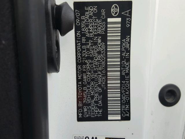 JTKDE167X80253389 - 2008 TOYOTA SCION TC WHITE photo 10