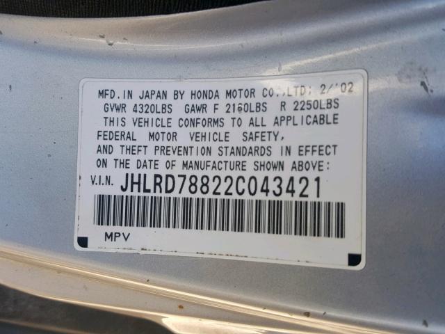 JHLRD78822C043421 - 2002 HONDA CR-V EX SILVER photo 10