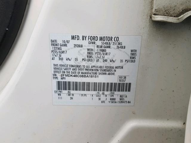 2FMDK48C08BA18151 - 2008 FORD EDGE SEL WHITE photo 10