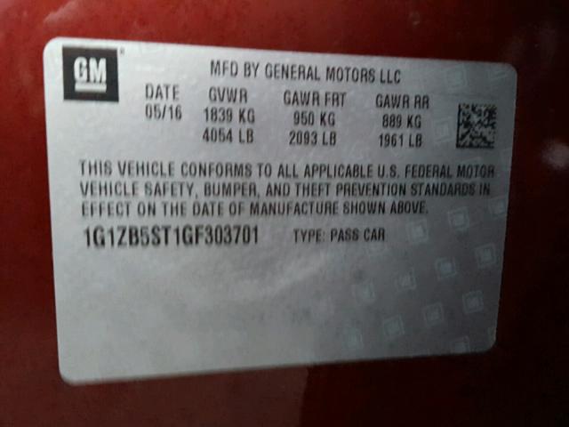 1G1ZB5ST1GF303701 - 2016 CHEVROLET MALIBU LS RED photo 10